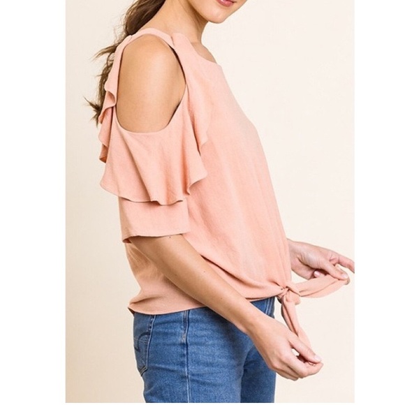 LINEN BLEND RUFFLE OPEN SHOULDER TOP IN BLUSH/PEACH - Picture 3 of 4